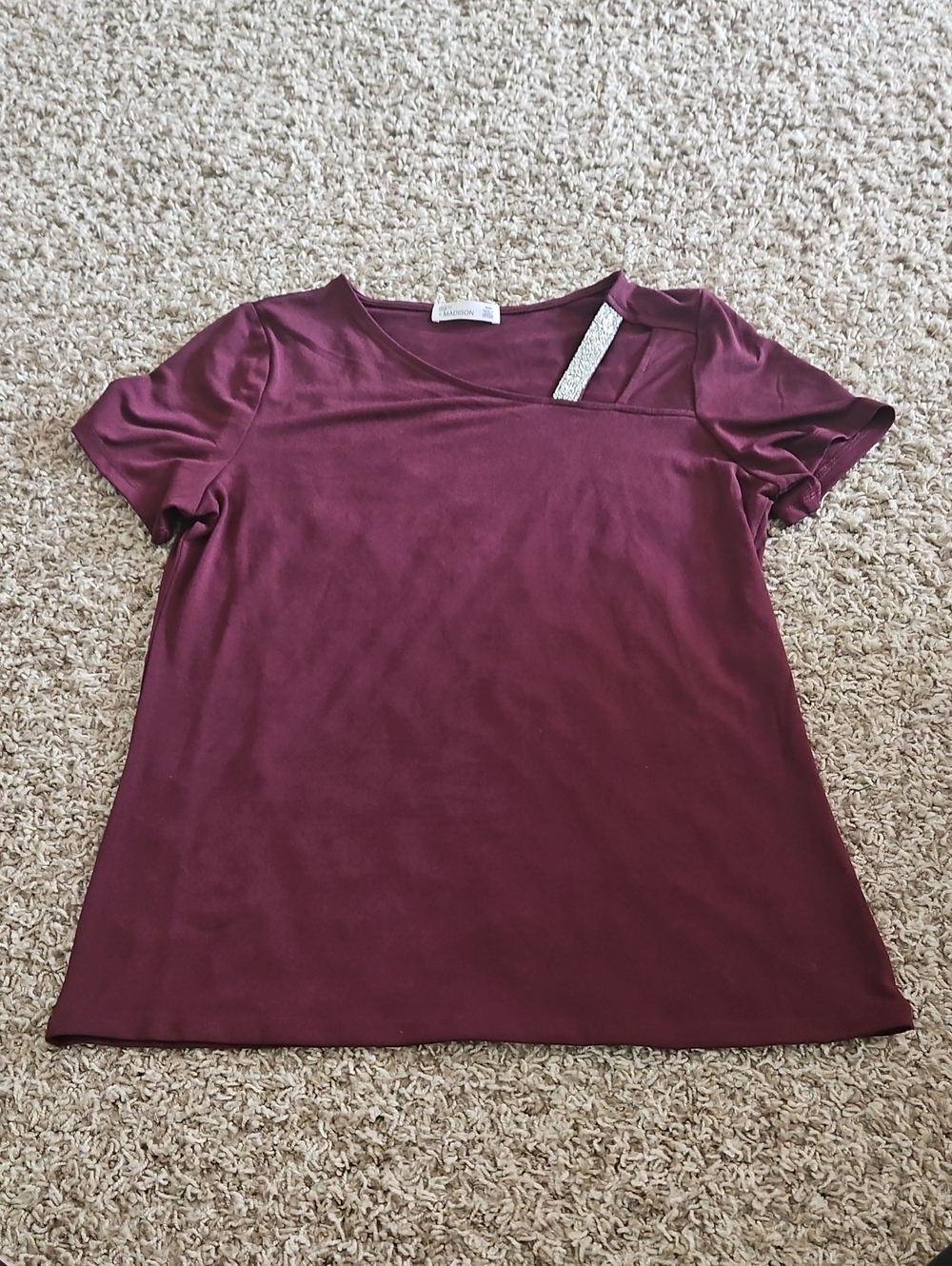 89th & Madison Short Sleeve Asymmetrical Neck Top - Burgundy
